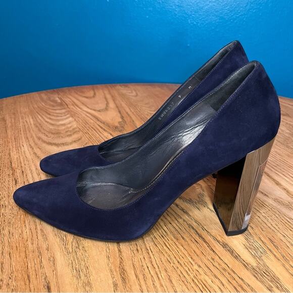 Stuart Weitzman Lucite Navy Suede Almond Toe Chunky Pumps Blue Heels Women’s 9 - Picture 3 of 11